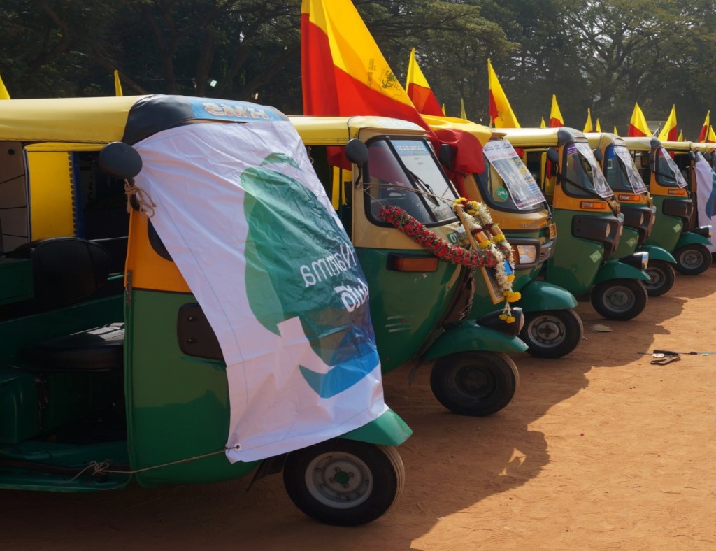 ‘Green’ four-stroke auto rickshaws, such as these, are fuel-efficient and incur lower maintenance costs, and therefore help their driver-owners enhance their earnings - Credits: Three Wheels United